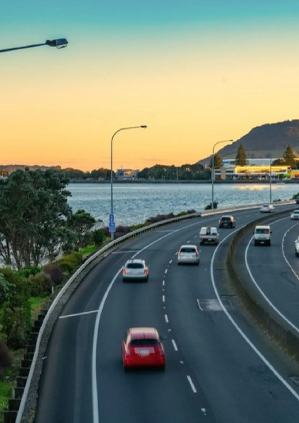 Harbour Link highway toward Mount Maunganui at golden hour in Tauranga