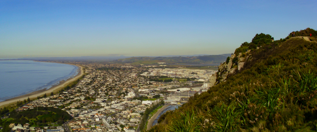 The Gold House® — Mount Maunganui Main Beach aerial, New Zealand Elevated view of Mount Maunganui Main Beach curve and coastal town under clear sky — The Gold House® gold bars, Bay of Plenty, New Zealand